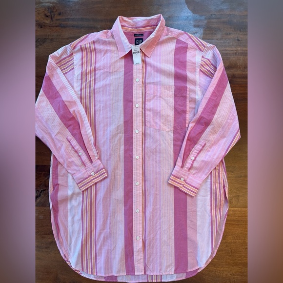 NWT GAP Weekend Tunic Top Shirt 100% Cotton Womens Size Large Pink Striped - Picture 1 of 8